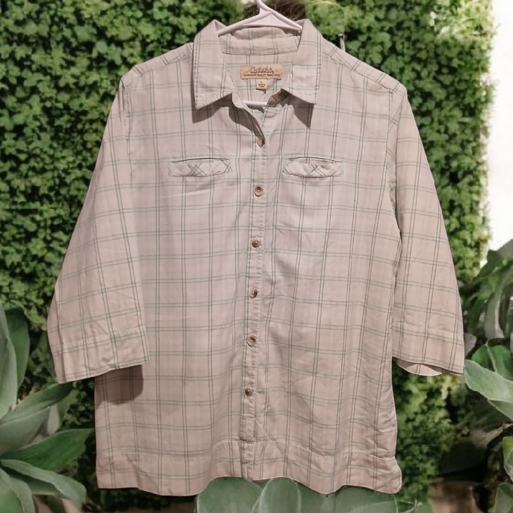 Cabelas Green White Plaid Button Down Elbow Sleeves Womans size Large Granola